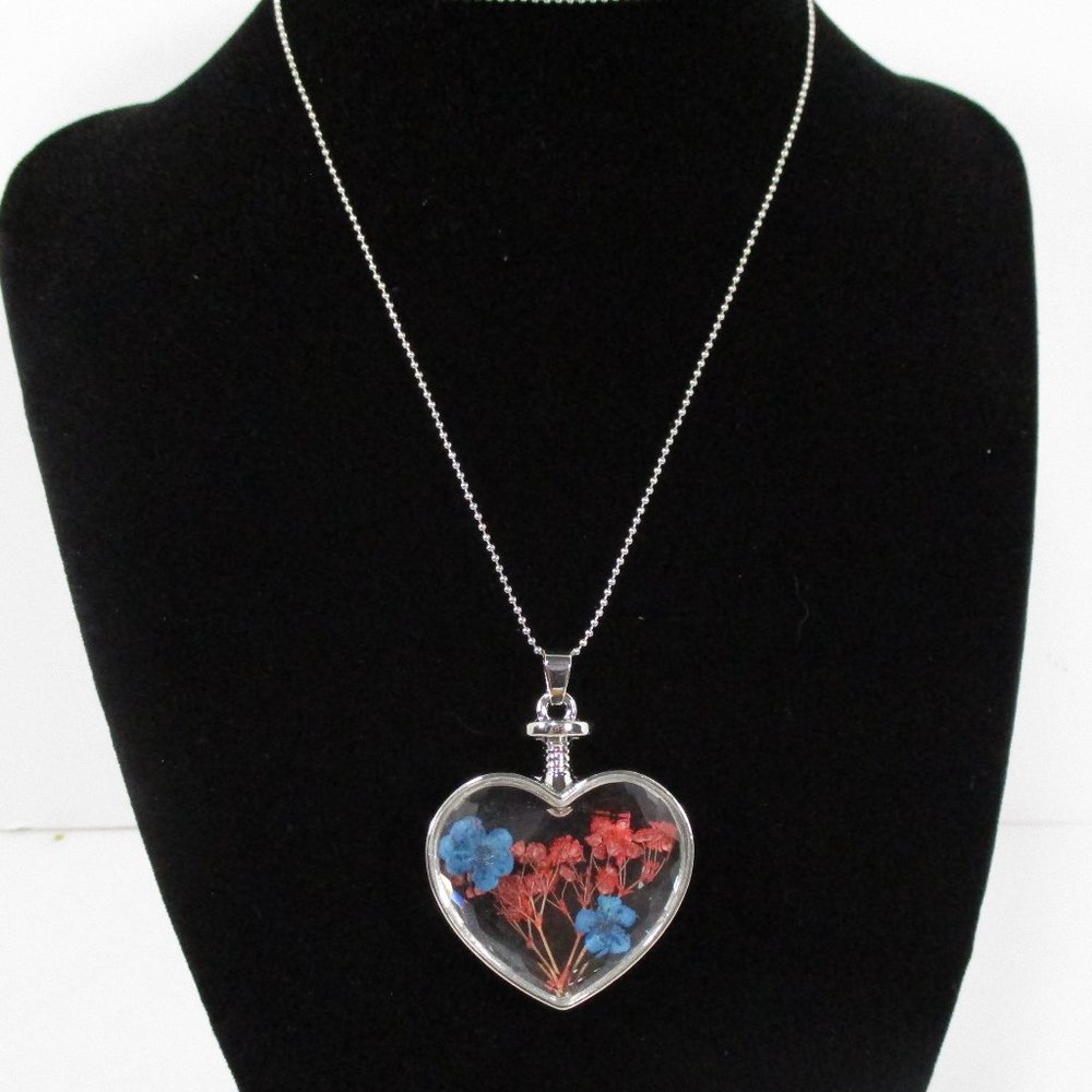 Glass Heart Pendant with Real Dried Flowers